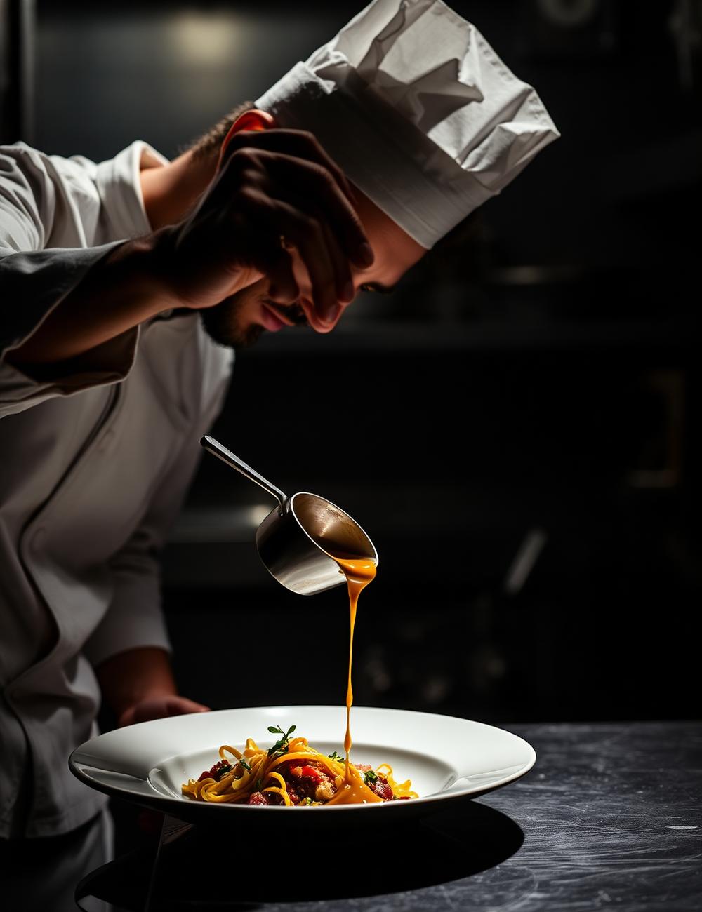 Chef pouring sauce